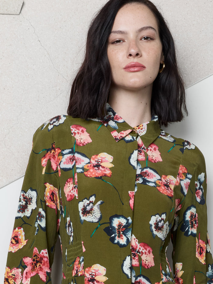 Abbie Eco Green Floral Shirred Waist Midi Shirt Dress