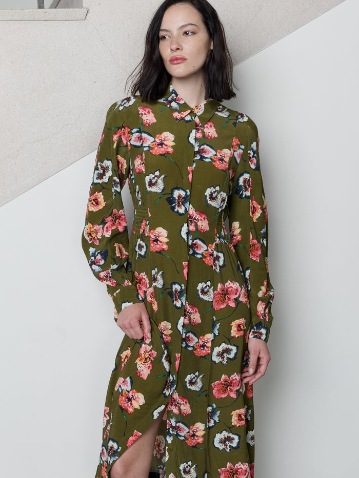 Abbie Eco Green Floral Shirred Waist Midi Shirt Dress