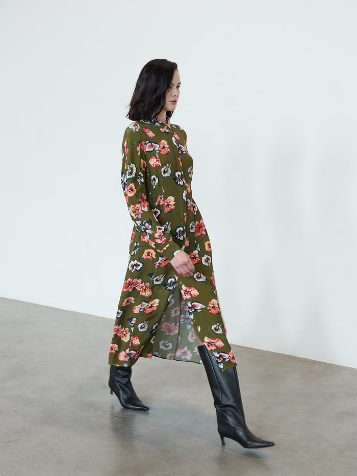 Abbie Eco Green Floral Shirred Waist Midi Shirt Dress