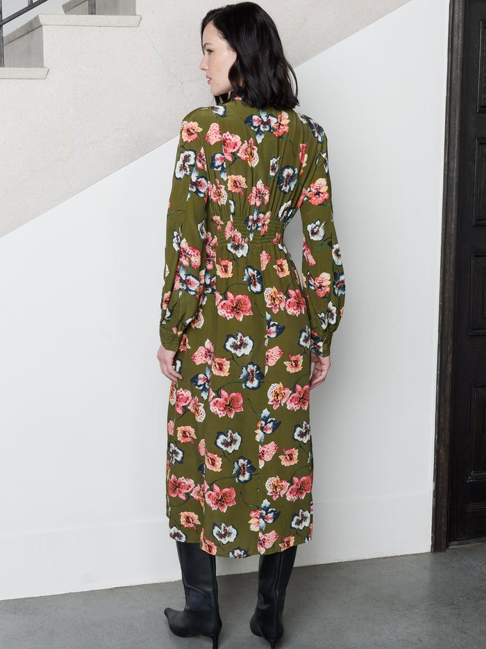 Abbie Eco Green Floral Shirred Waist Midi Shirt Dress