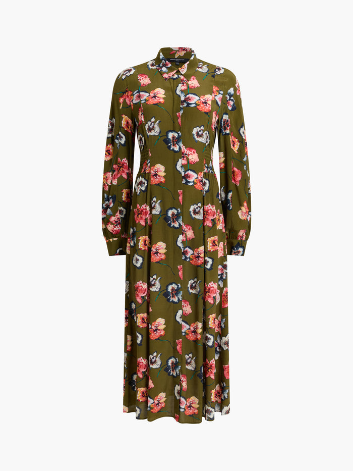 Abbie Eco Green Floral Shirred Waist Midi Shirt Dress