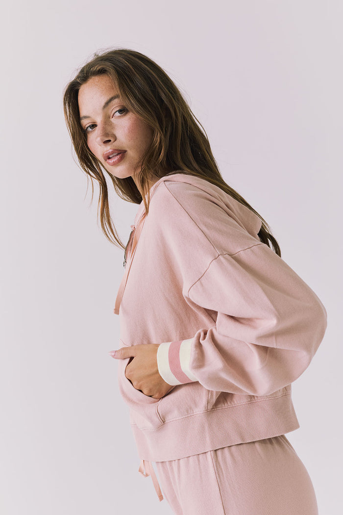 Chaser Abilene Honey Peach Zip Up hoodie captured from the side highlighting the slouchy hood and cozy brushed knit texture