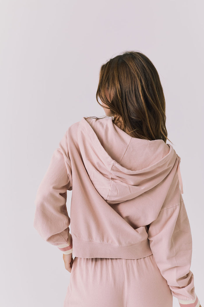 Chaser Abilene Honey Peach Zip Up hoodie shown from behind featuring the relaxed hood and easy drape in Honey Peach