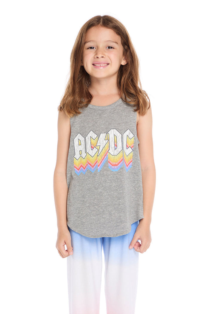 Girl wearing the Chaser Kids AC/DC Logo Fade Tank in Heather Grey with colorful gradient logo graphic on a white background licensed band collaboration