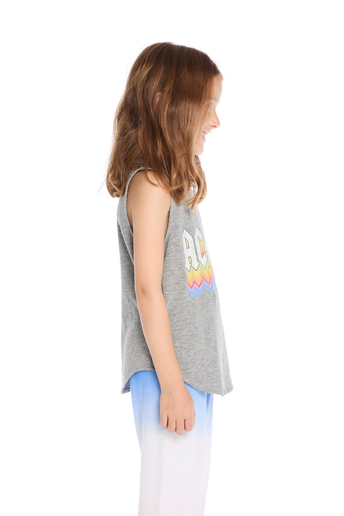 Side view of the Chaser Kids AC/DC Logo Fade Tank in Heather Grey featuring the colorful gradient AC/DC logo on a white background licensed band collaboration