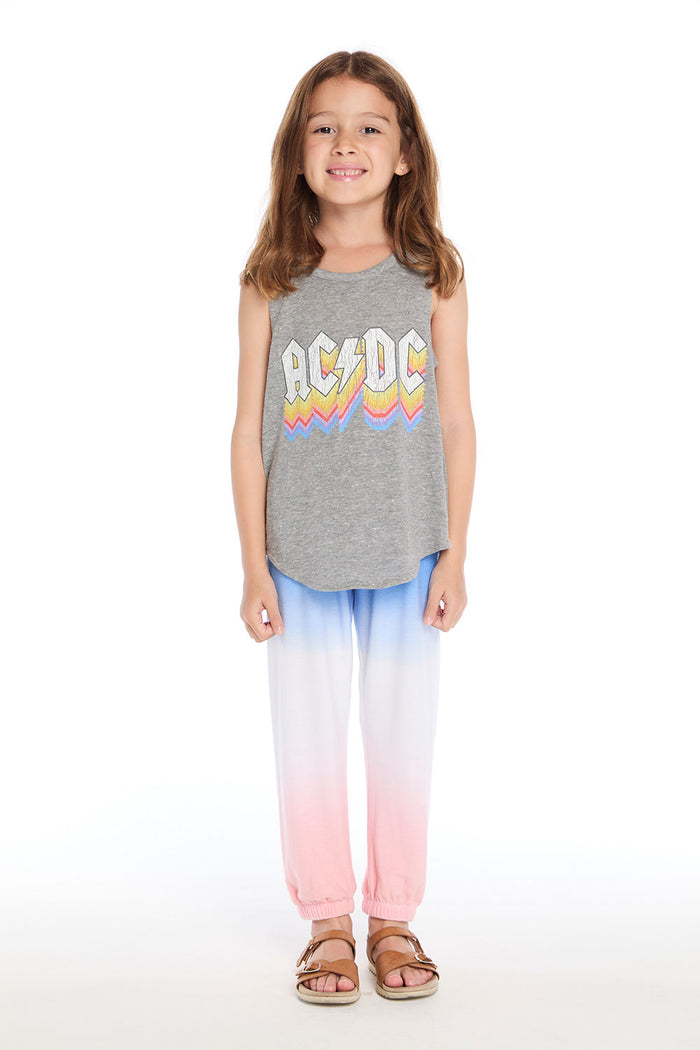 Full body view of the Chaser Kids AC/DC Logo Fade Tank in Heather Grey paired with the Cotton Candy Dip Dye Pants on a white background licensed band collaboration