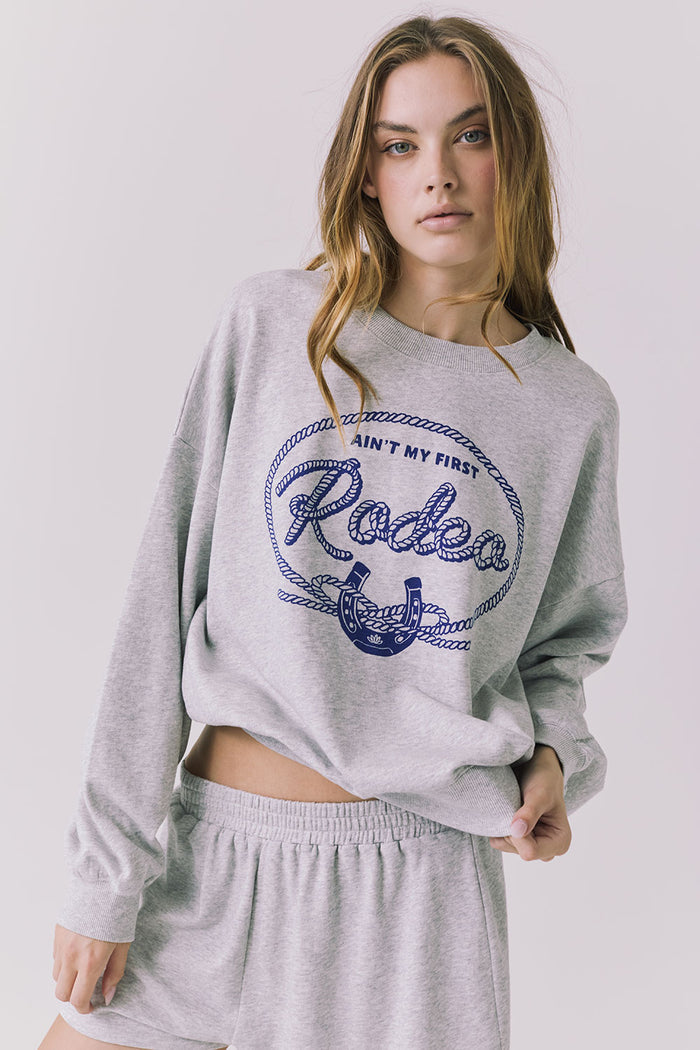 Chaser Ain’t My First Rodeo Long Sleeve in Heather Grey with rope graphic