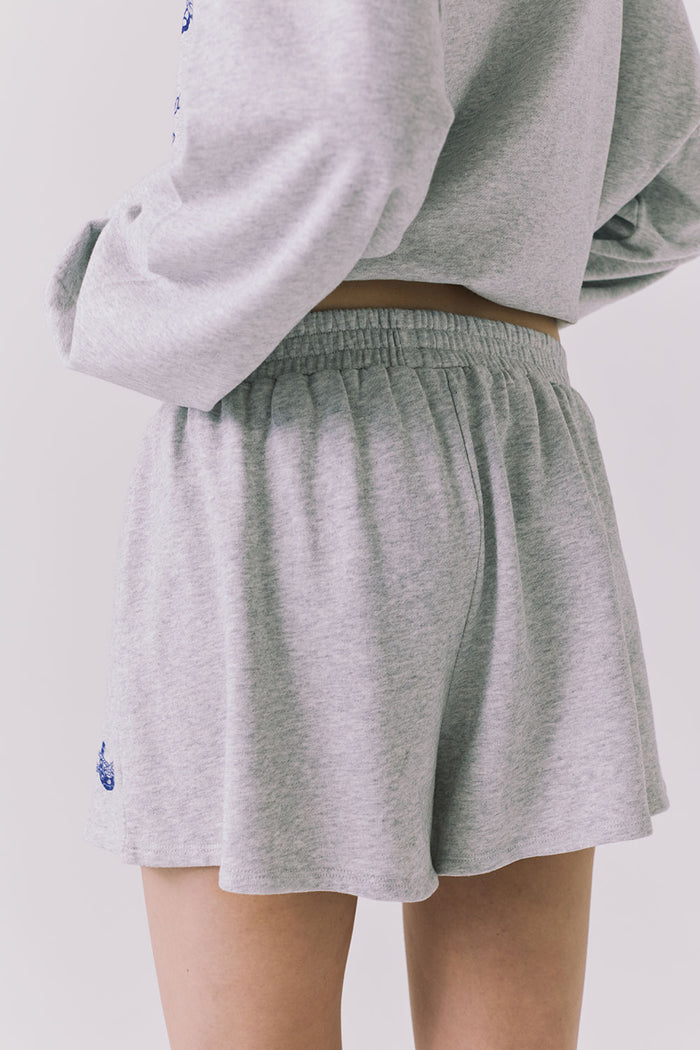 Chaser Ain’t My First Shorts in Heather Grey with close up of back waistband and relaxed silhouette