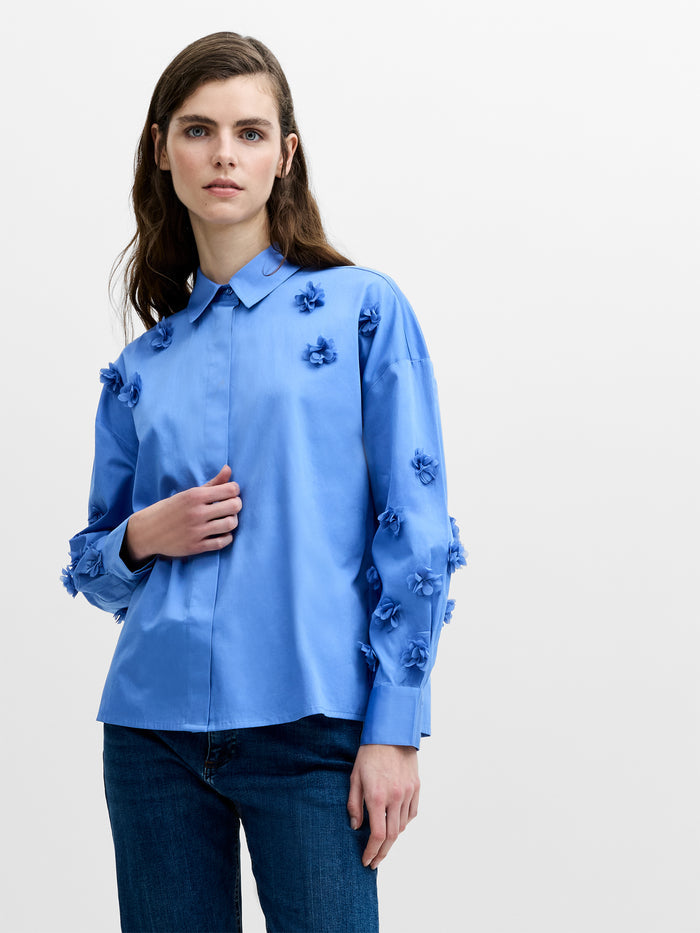 Alexis Cotton Blue 3D Floral Long Sleeve Shirt