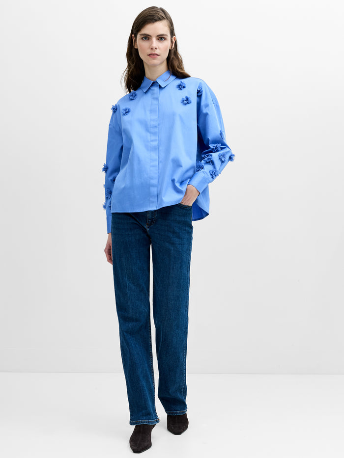 Alexis Cotton Blue 3D Floral Long Sleeve Shirt