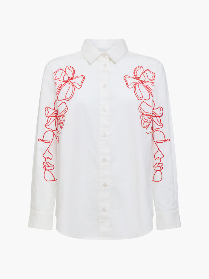 Alexis Cotton Floral Outline Embroidered White Shirt