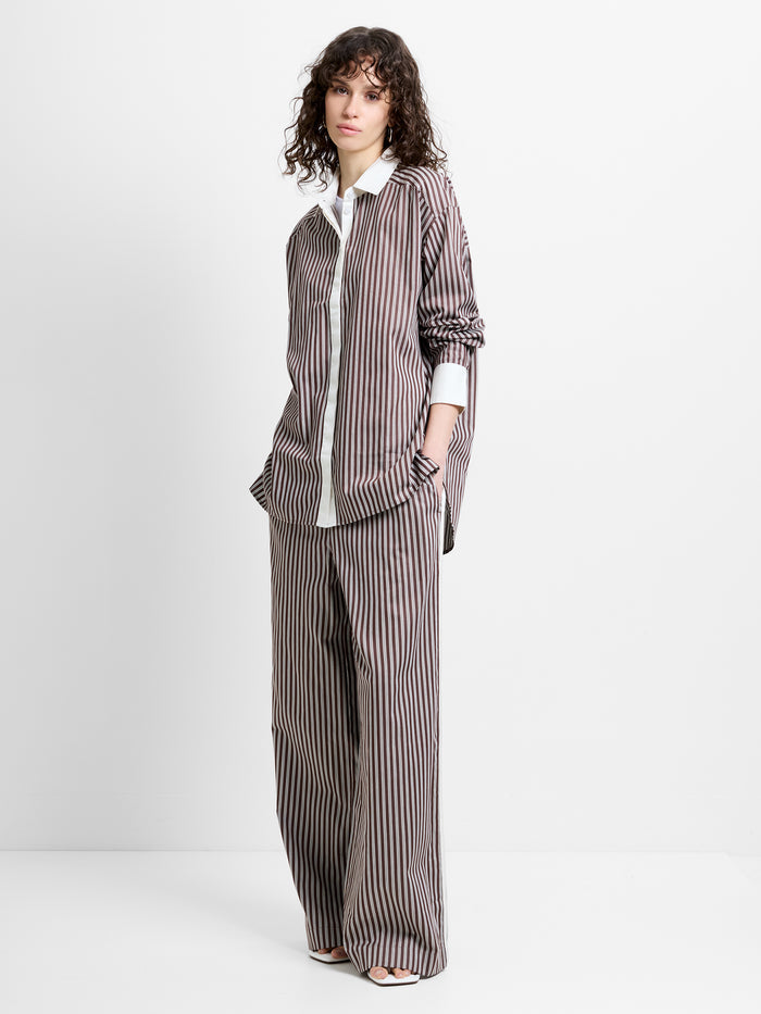 Alexis Poplin Brown Striped Button Down Relaxed Shirt