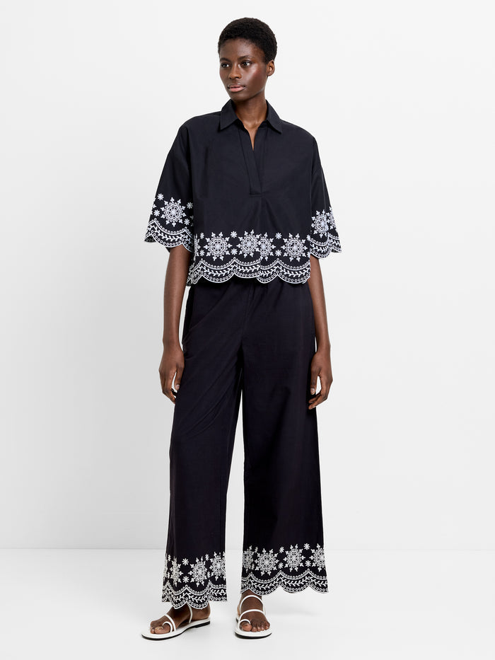 Alissa Cotton Embroidered Hem Popover Shirt