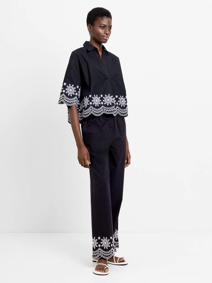 Alissa Cotton Embroidered Hem Popover Shirt