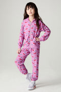 Full body front view of a girl wearing the Chaser Allover Sweethearts Girls Jogger on a neutral background with matching top