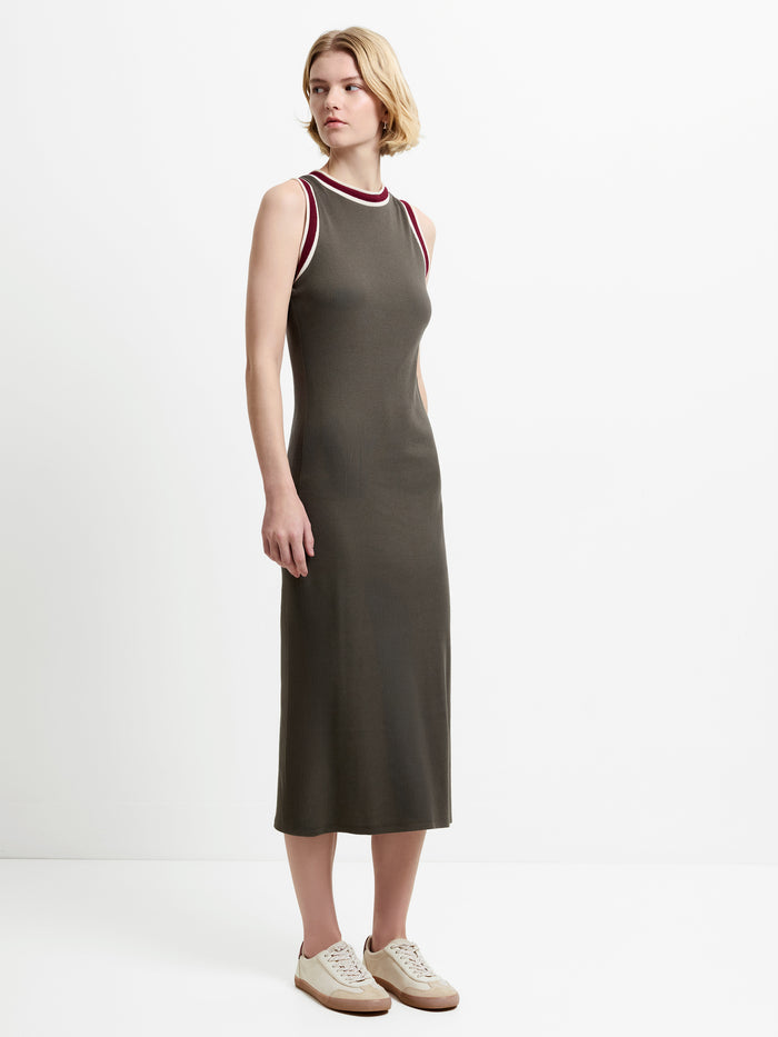 Alma Jersey Sleeveless Tipped Khaki Green Midi Dress