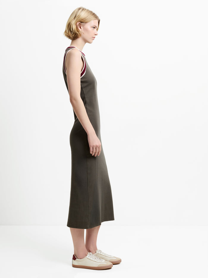 Alma Jersey Sleeveless Tipped Khaki Green Midi Dress