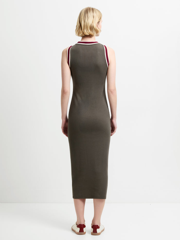 Alma Jersey Sleeveless Tipped Khaki Green Midi Dress