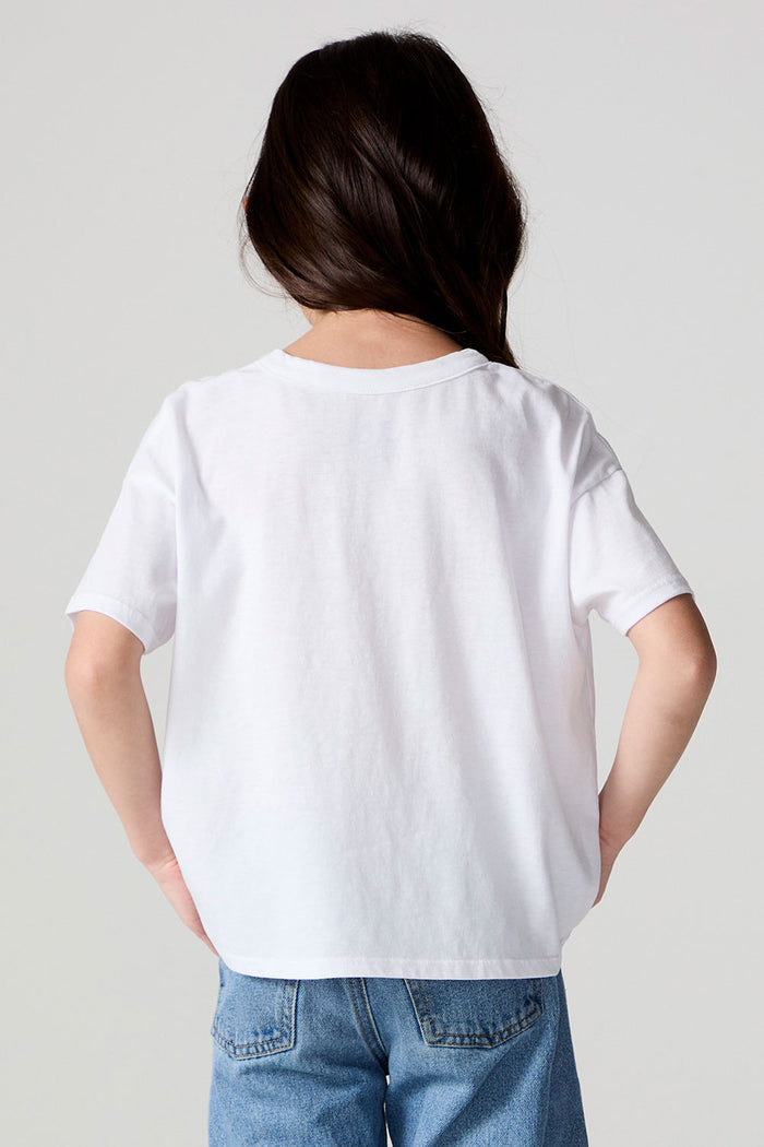 Back view of a girl wearing the Chaser  Americana Star Tee on a neutral background