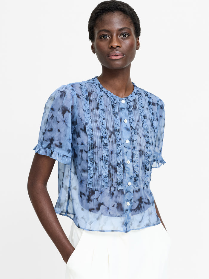 Anita Blue Floral Pintuck Ruffle Blouse