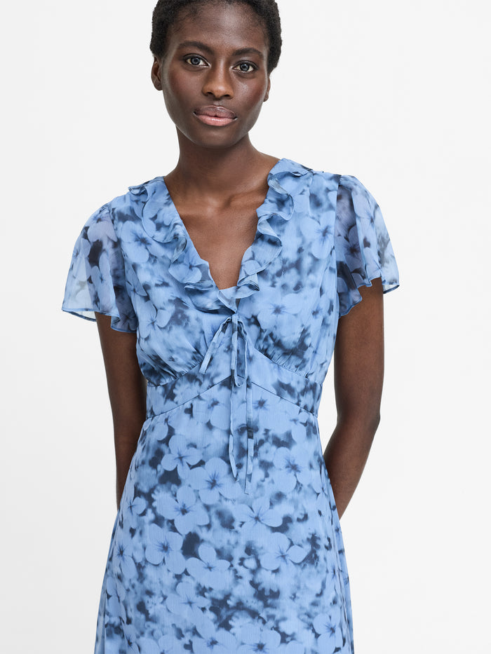 Anita Blue Floral Ruffle Crinkle Midi Dress
