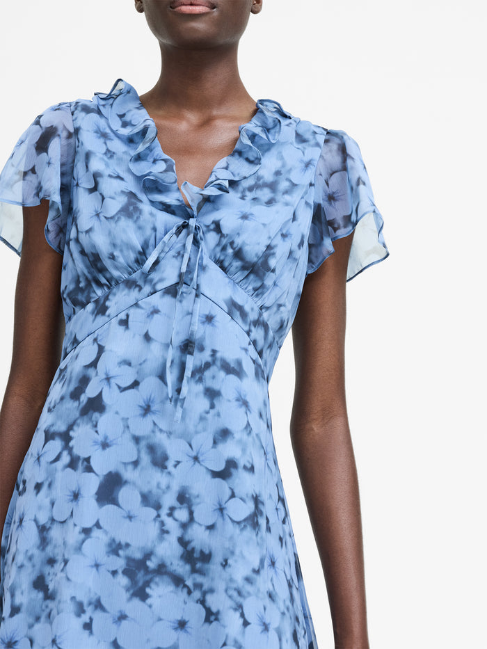 Anita Blue Floral Ruffle Crinkle Midi Dress