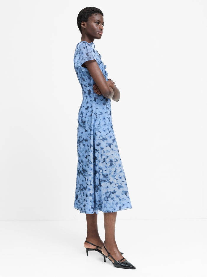 Anita Blue Floral Ruffle Crinkle Midi Dress