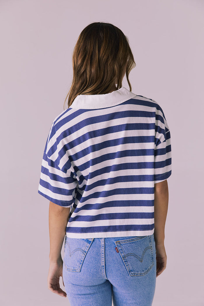 Back view of the Chaser Antoni Castaway Stripe Tee showing the even stripe pattern and soft cotton texture
