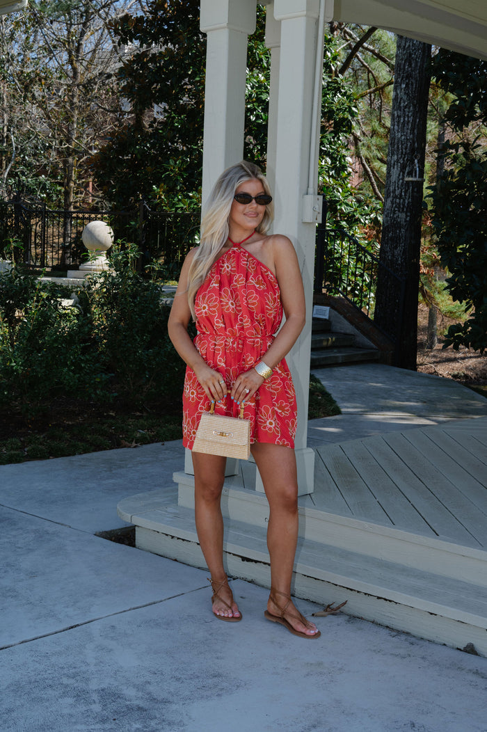 Archie Floral Halter Dress-Red