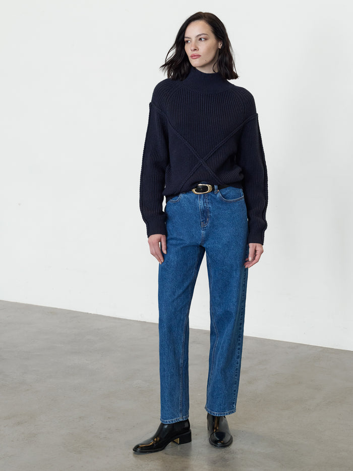 Ardea Navy Cross Detail Funnel Neck Jumper