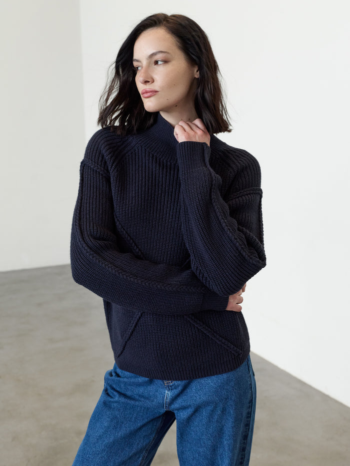 Ardea Navy Cross Detail Funnel Neck Jumper