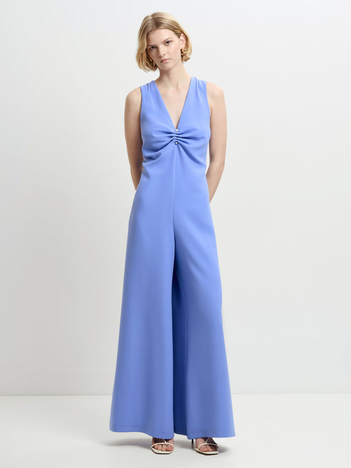 Arlette V Neck Blue Wide Leg Jumpsuit