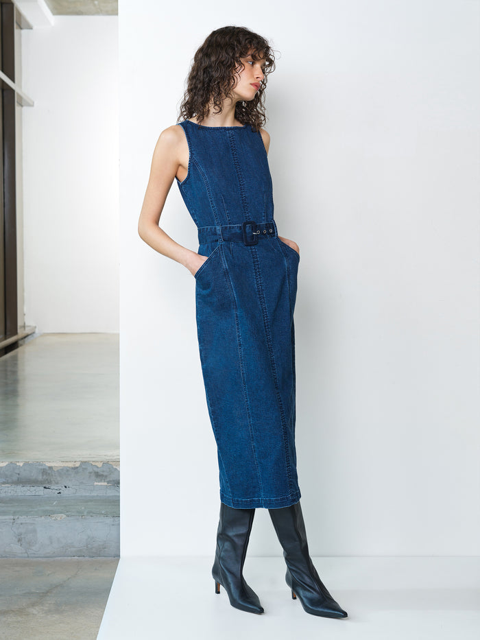 Arywoode Denim Sleeveless Belted Midi Dress