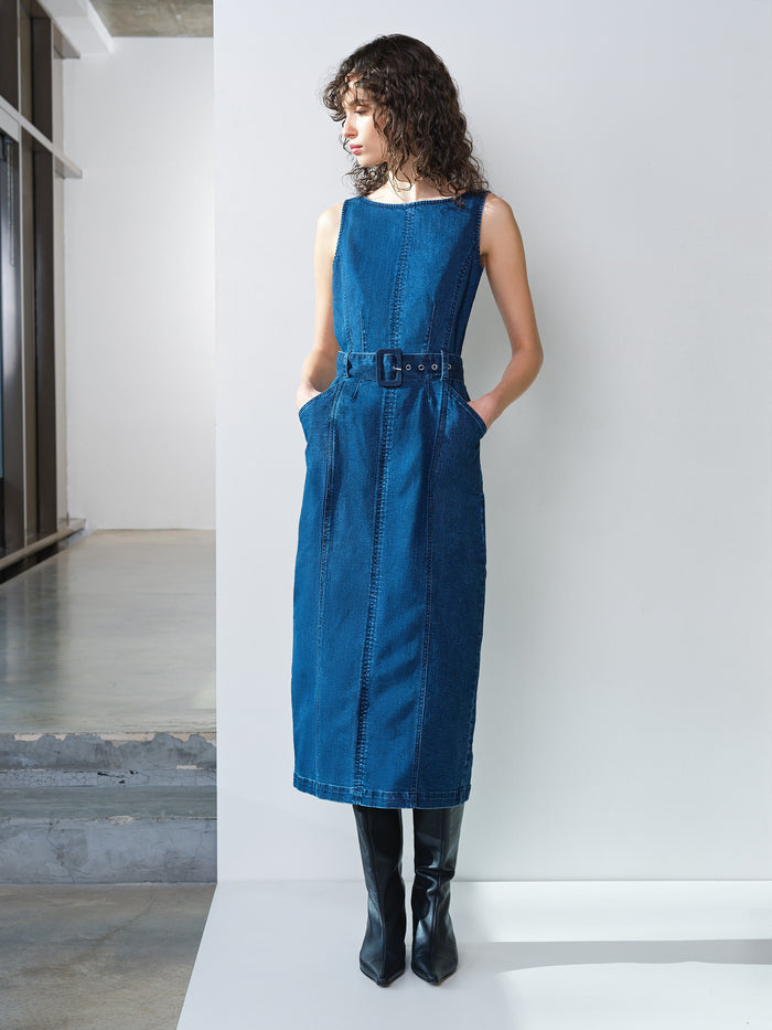Arywoode Denim Sleeveless Belted Midi Dress