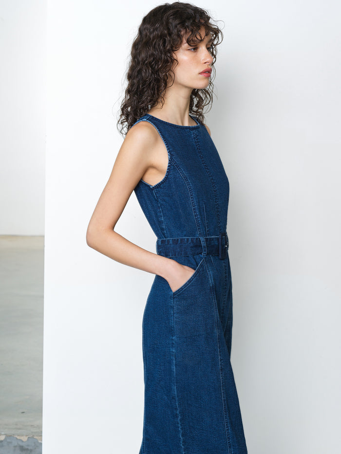 Arywoode Denim Sleeveless Belted Midi Dress