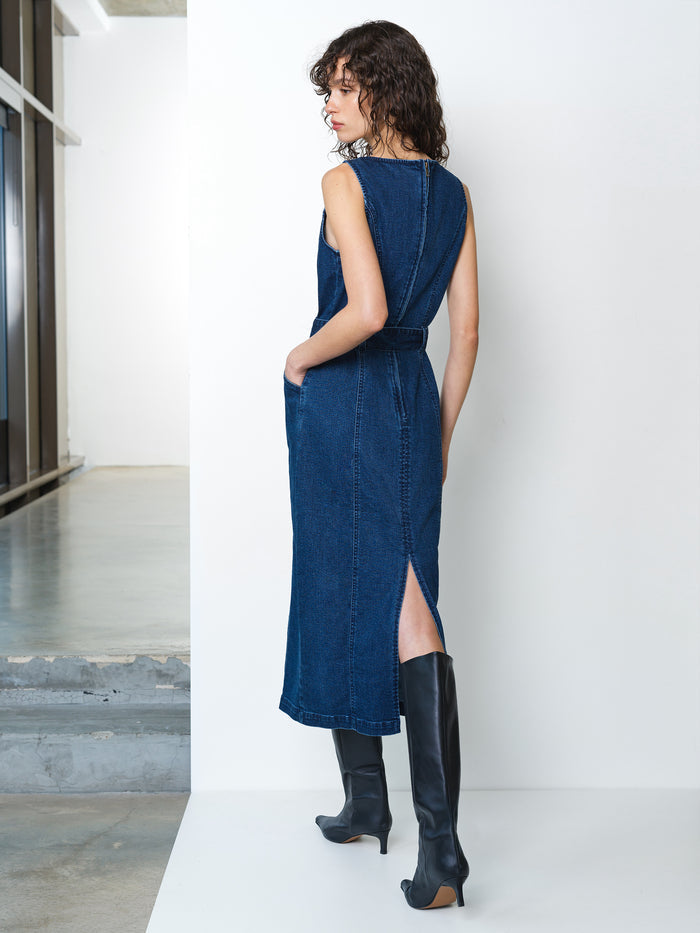 Arywoode Denim Sleeveless Belted Midi Dress