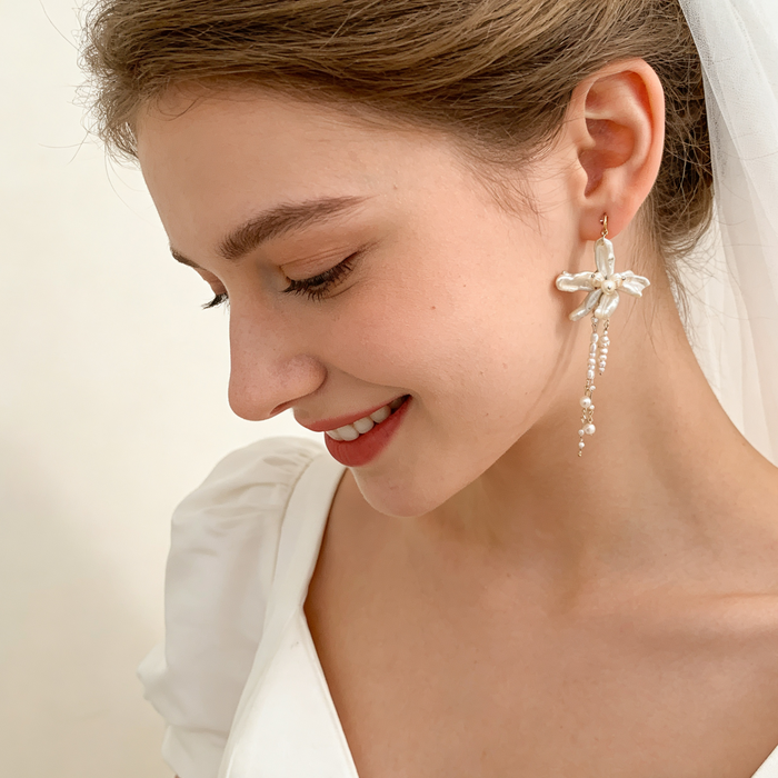 Elegant AB design pearl flower drop earrings crafted with natural baroque pearls for modern bridal and special occasion wear.