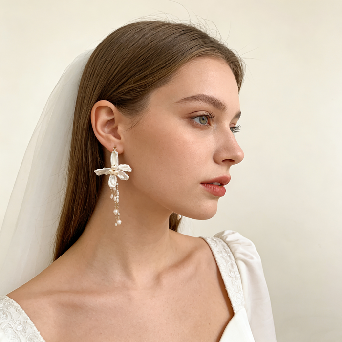 Elegant AB design pearl flower drop earrings crafted with natural baroque pearls for modern bridal and special occasion wear.