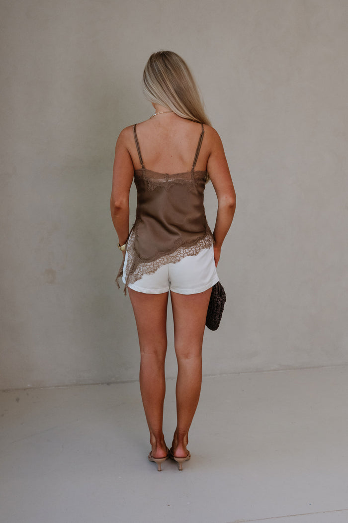 Asymmetrical Lace Trim Satin Cami Top-Brown