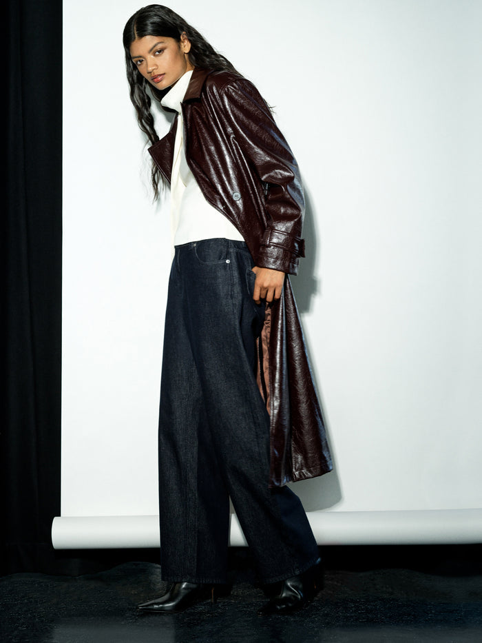 Athene Burgundy Crinkle PU Trench Coat