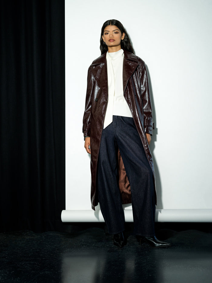 Athene Burgundy Crinkle PU Trench Coat