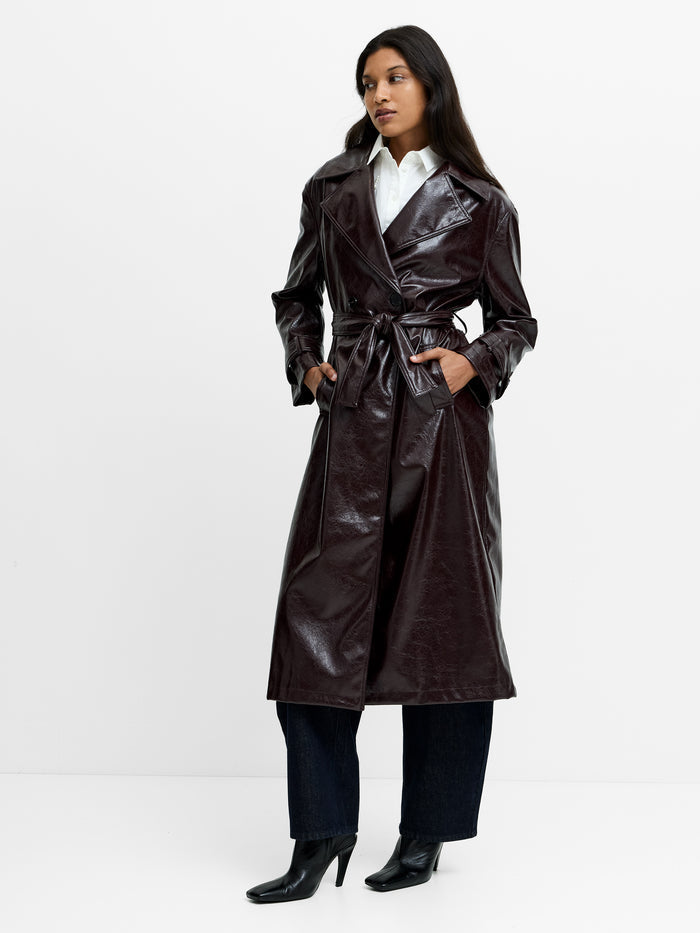 Athene Burgundy Crinkle PU Trench Coat