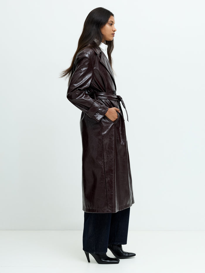Athene Burgundy Crinkle PU Trench Coat