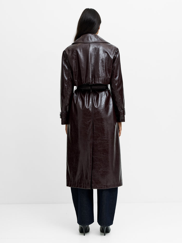 Athene Burgundy Crinkle PU Trench Coat