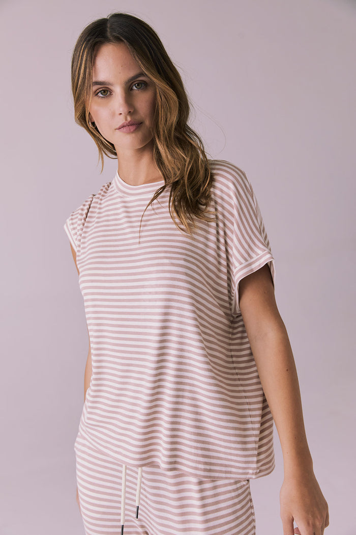 Side view of the Chaser Audrey Khaki Stripe Tee showing the relaxed drape and lightweight ribbed knit texture