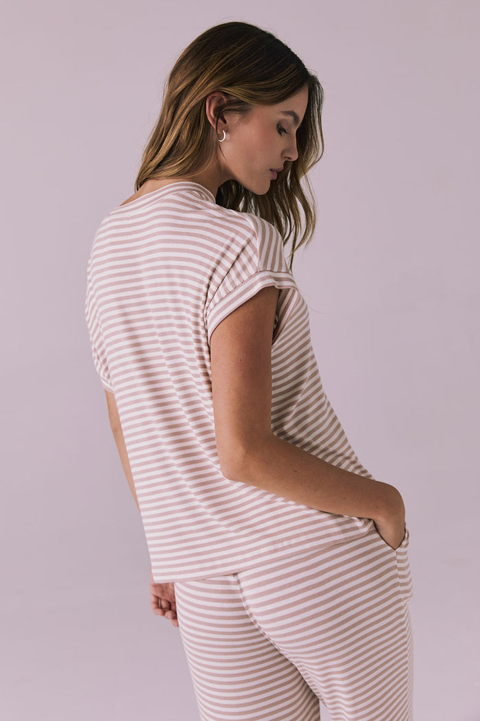 Back view of the Chaser Audrey Khaki Stripe Tee highlighting the straight hem and subtle stripe pattern