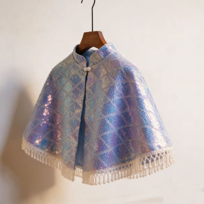 Iridescent aurora sequin bridal capelet with pearl fringe, colorful mermaid shimmer wedding dress shoulder cover.