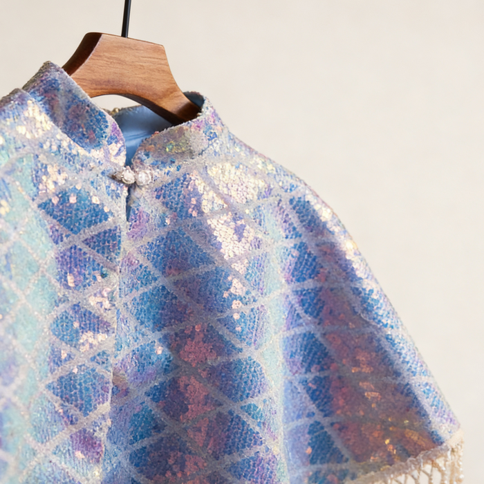 Iridescent aurora sequin bridal capelet with pearl fringe, colorful mermaid shimmer wedding dress shoulder cover.