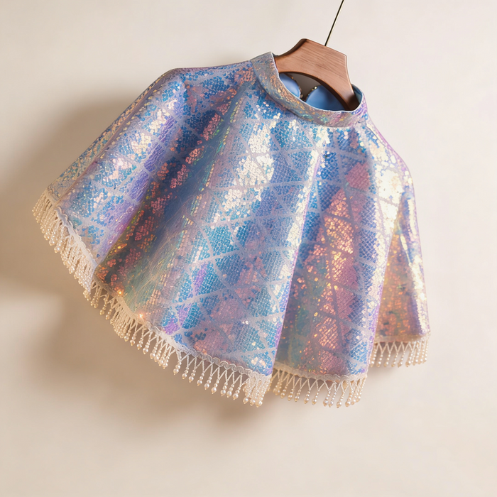 Iridescent aurora sequin bridal capelet with pearl fringe, colorful mermaid shimmer wedding dress shoulder cover.