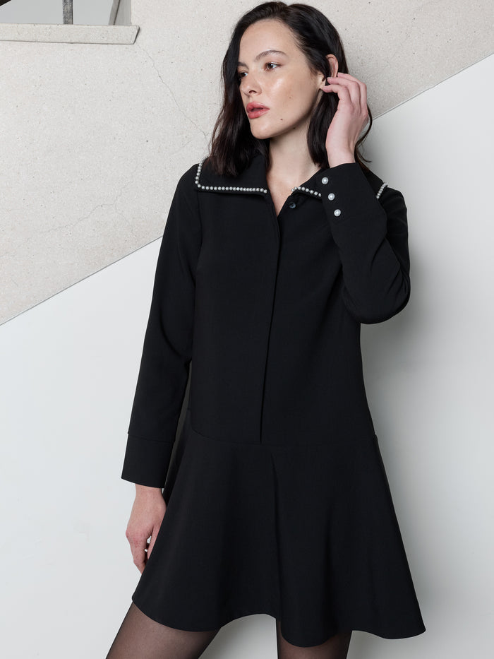 Azra Black Faux Pearl Collar Mini Dress